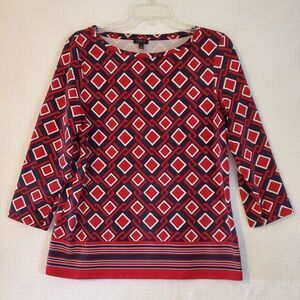 Talbots Navy Blue Red White Knit Geometric Print Top Womens Large Cotton Stretch